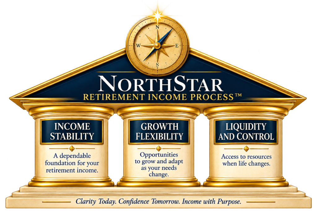 NorthStar Retirement Income Process Three Pillars: Income Stability, Growth Flexibility, and Liquidity and Control.
